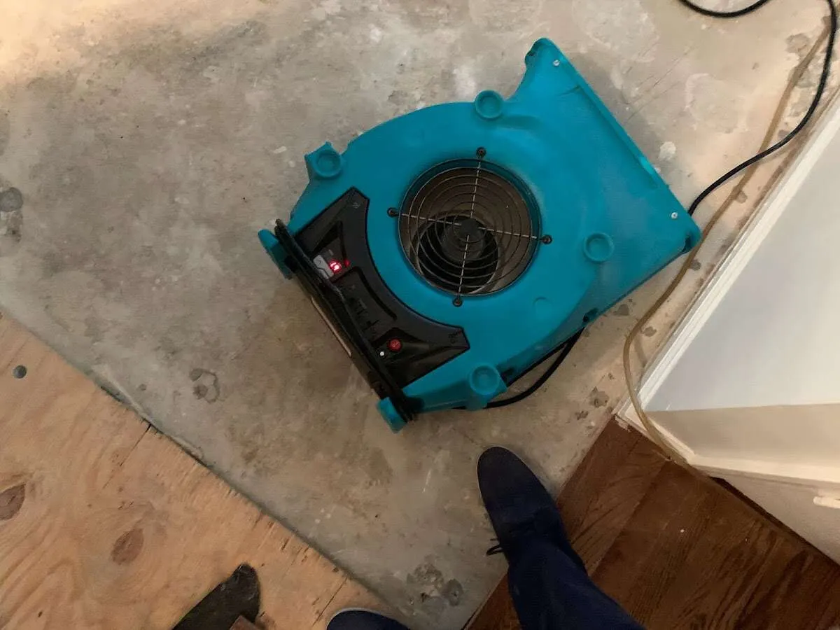 Air mover drying subfloor during Commercial Water Damage Restoration in Camden